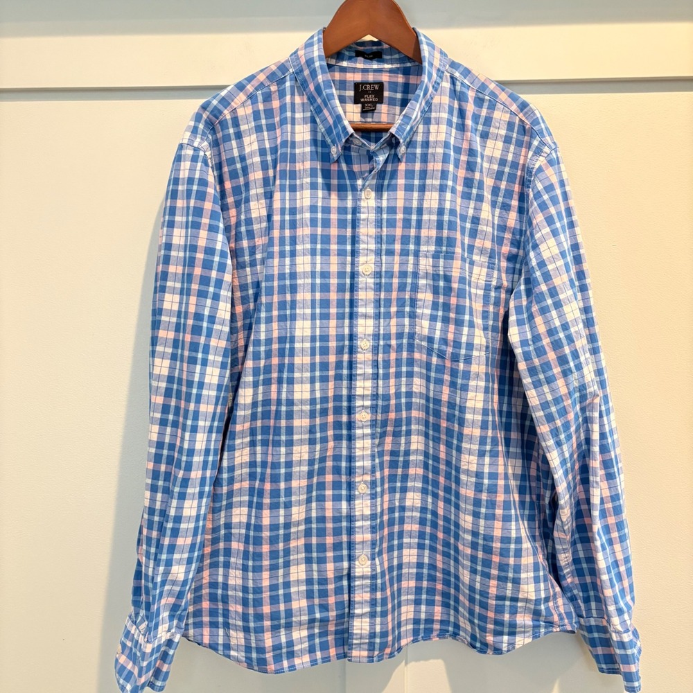 J Crew Shirt Men's XXL Blue Pink‎ Flex Washed Slim Fit Plaid Casual Button Down